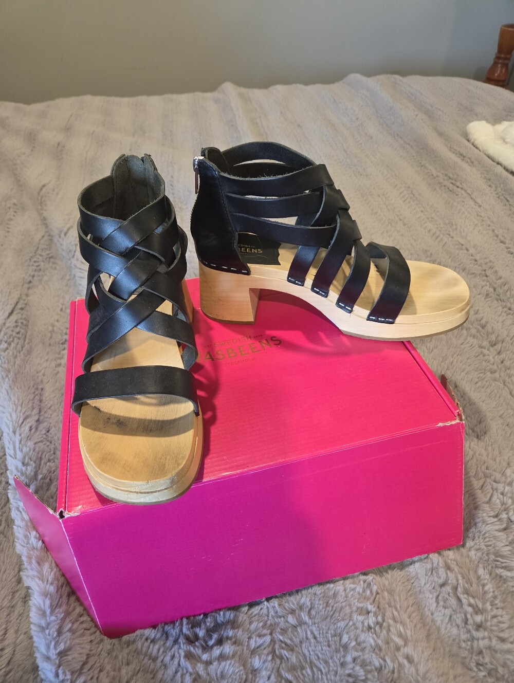 Swedish Hasbeens Black Leather Strappy Wooden Clogs